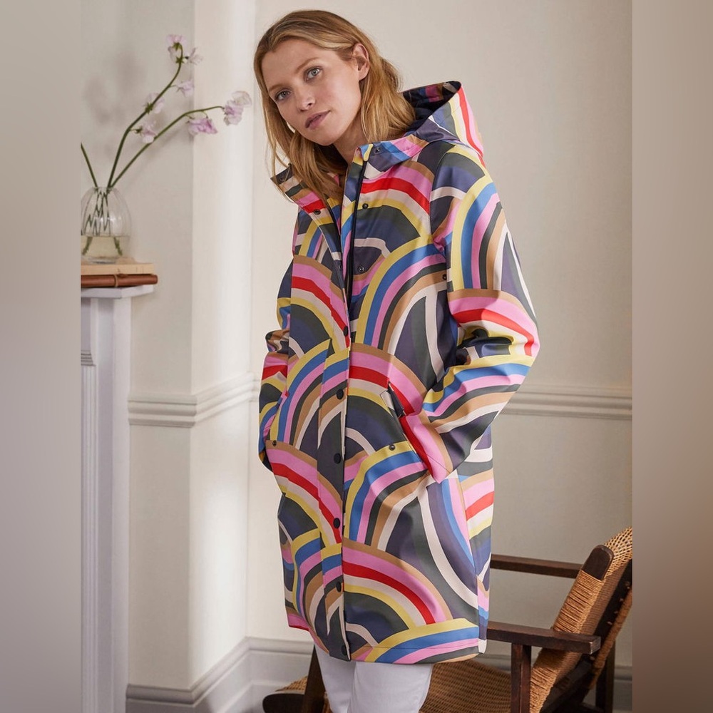 NWT- Boden Rainbow Arc Print Hooded Raincoat — Pink, Blue, Yellow, Green, Gray - Picture 3 of 11